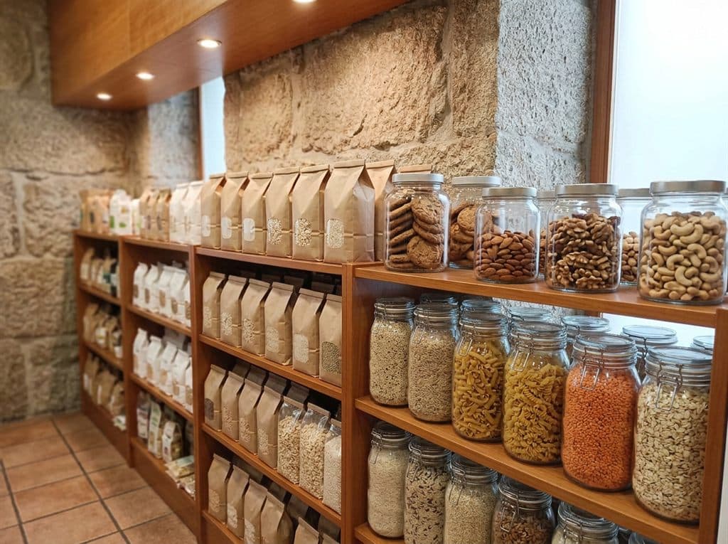Estantería de alimentación ecológica con harinas, frutos secos, quinoa, legumbres y pasta sin gluten en herbolario de Ourense