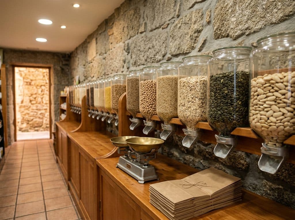 Dispensadores de legumbres, cereales y semillas a granel en herbolario de Ourense