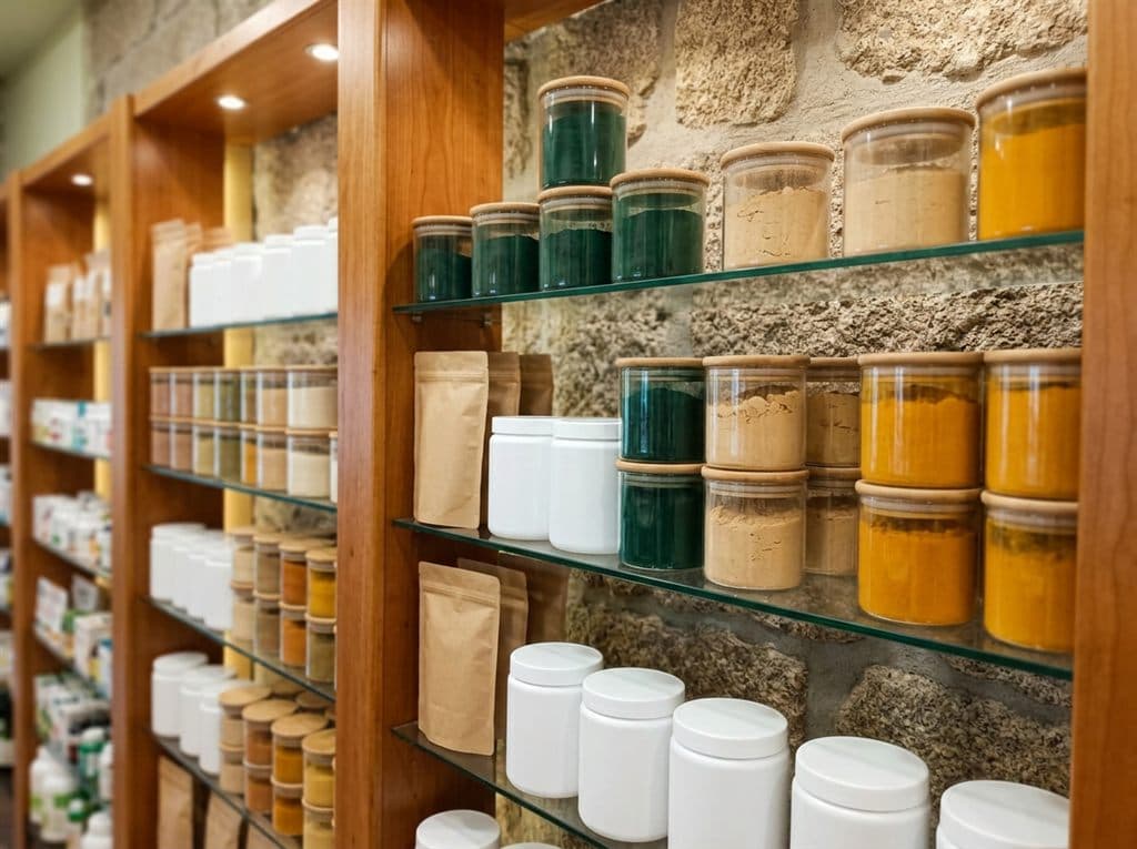 Superalimentos como espirulina, maca y cúrcuma en herbolario de Ourense