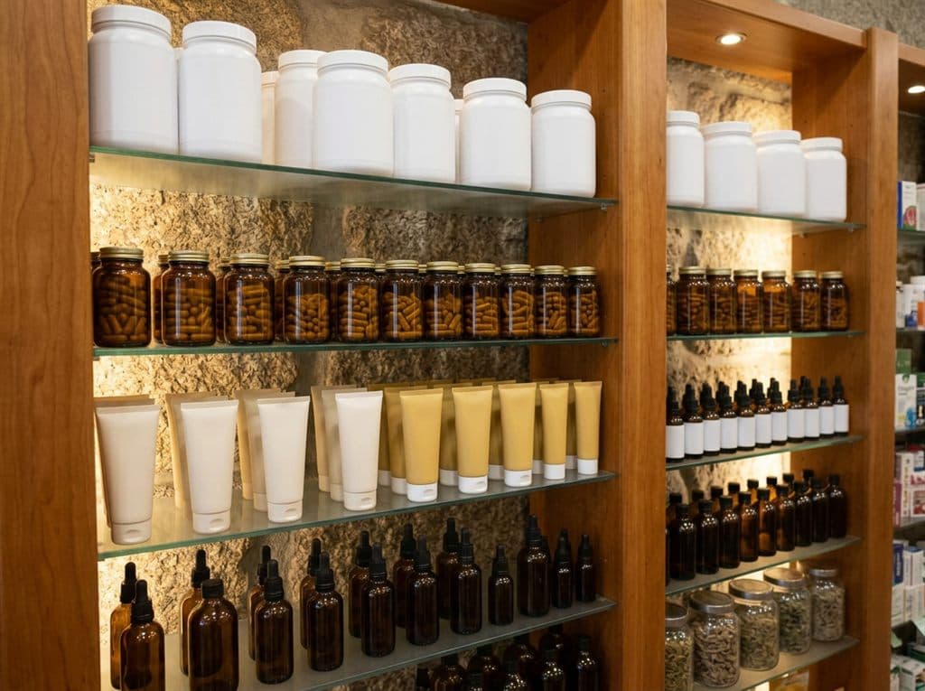 Estantería de complementos y cremas para articulaciones y músculos en herboristería de Ourense