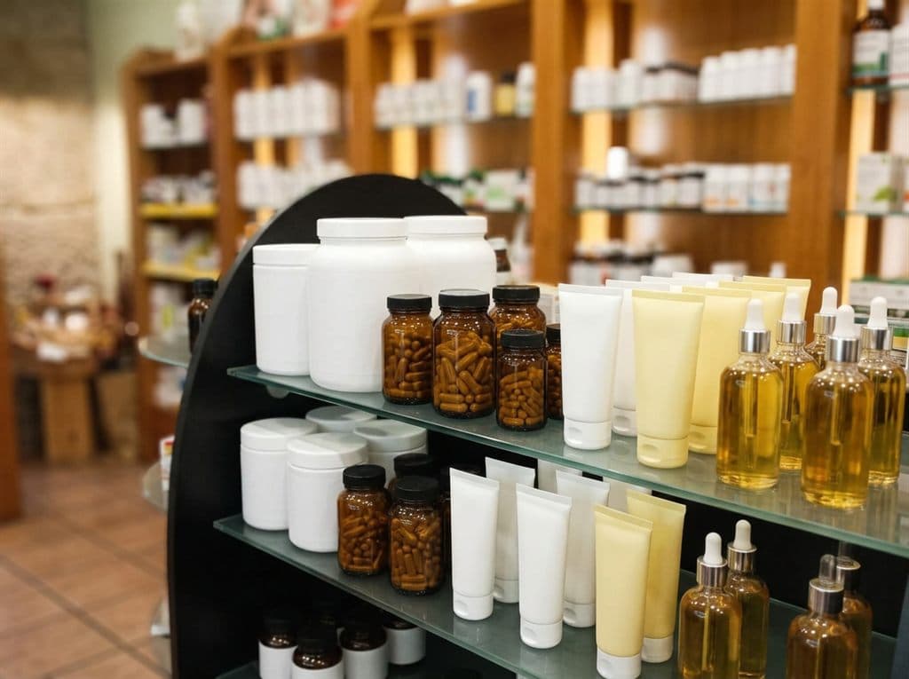 Expositor con colágeno, cremas y aceites para las molestias articulares en herboristería de Ourense