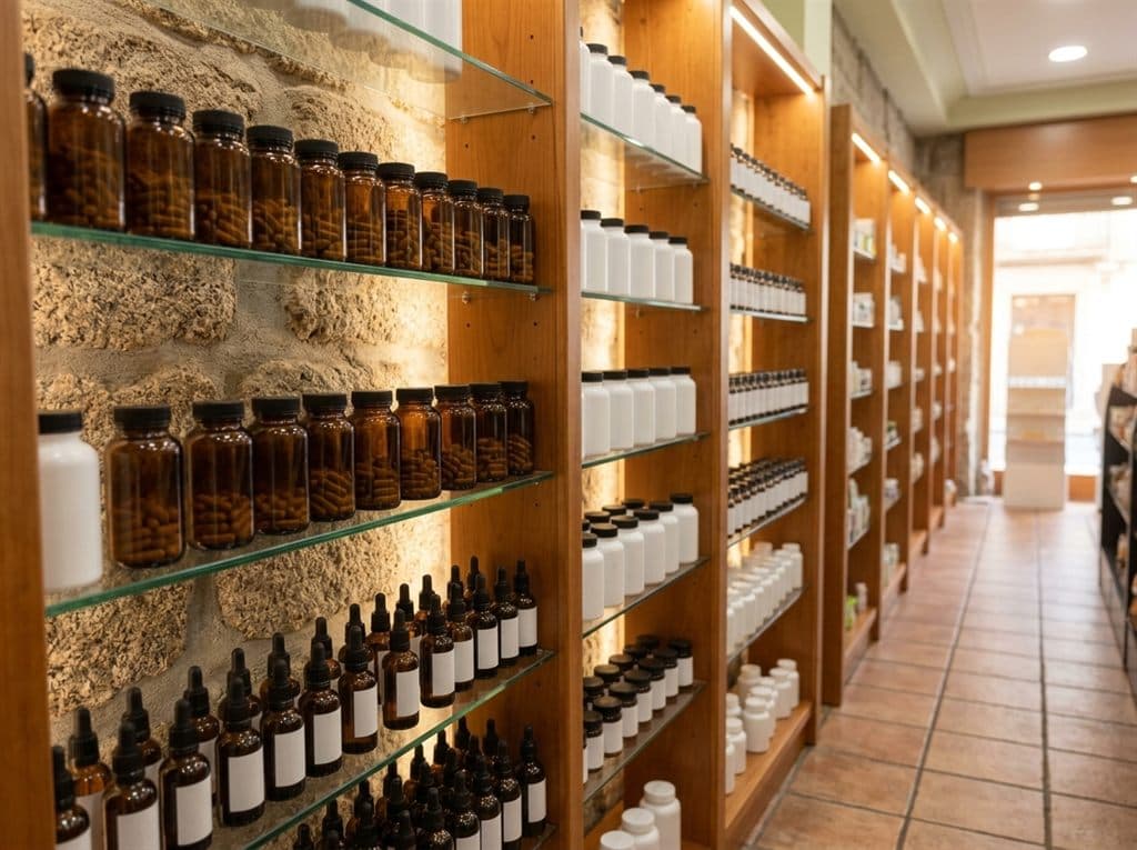 Estanterías con complementos naturales para el sistema circulatorio en herboristería de Ourense