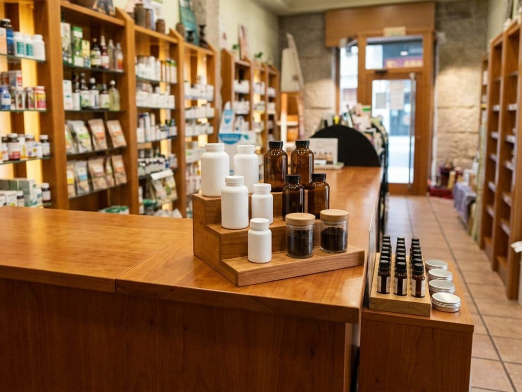 Mostrador de atención con vitaminas y complejos para las defensas en herboristería de Ourense
