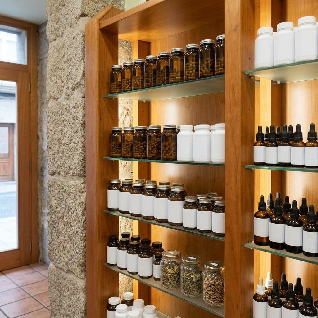 Estantería de complementos naturales para la digestión en herboristería de Ourense