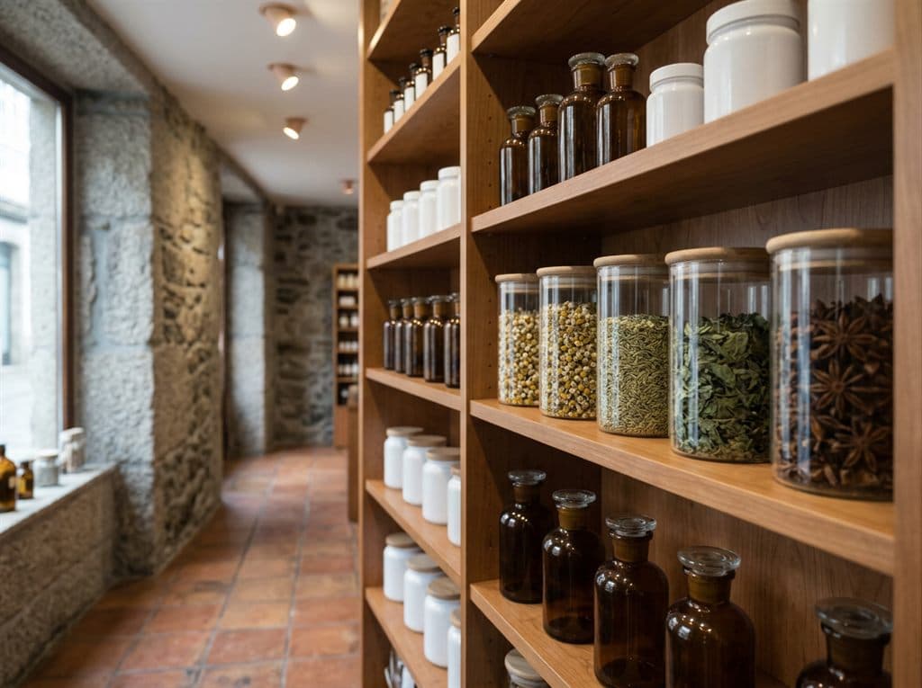 Estantería de productos naturales para la digestión en herboristería de Ourense