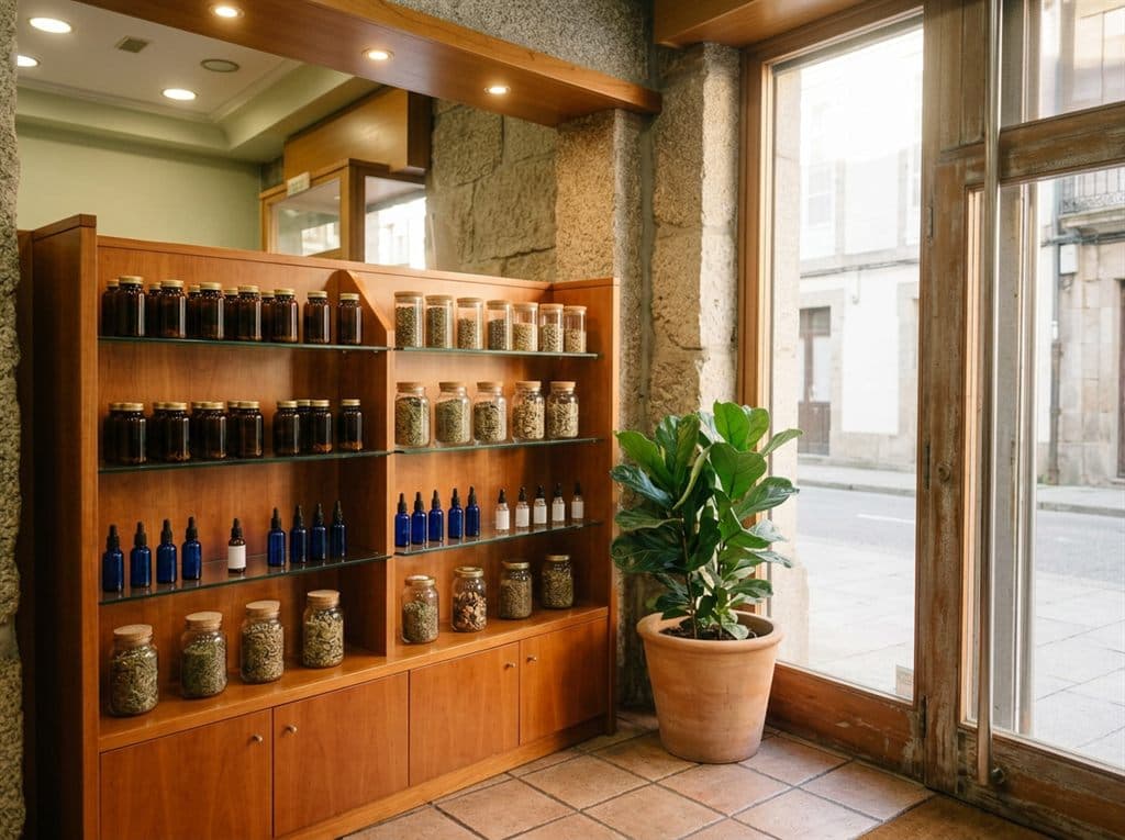 Rincón tranquilo con productos naturales para recuperar la calma en herboristería de Ourense