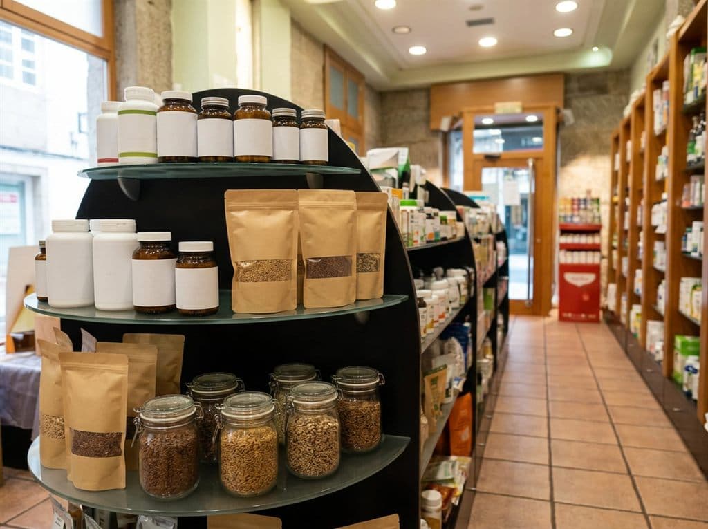 Expositor con fibras, probióticos y semillas para el tránsito intestinal en herbolario de Ourense
